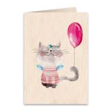 Wooden Greeting Card 11x16cm - Pussycat and the Balloon