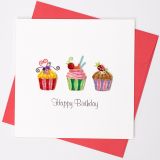 Quilled Card Happy Birthday 3 Cupcakes Red