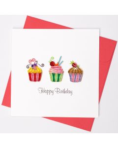 Quilled Greeting Card Happy Birthday 3 Cupcakes Red 15x15cm