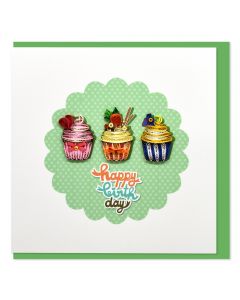 Quilled Card Happy Birthday Trio of Cupcakes Green