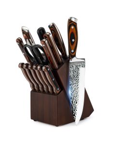 15pc Kitchen Knife Block Set Embossed Blade - Brown